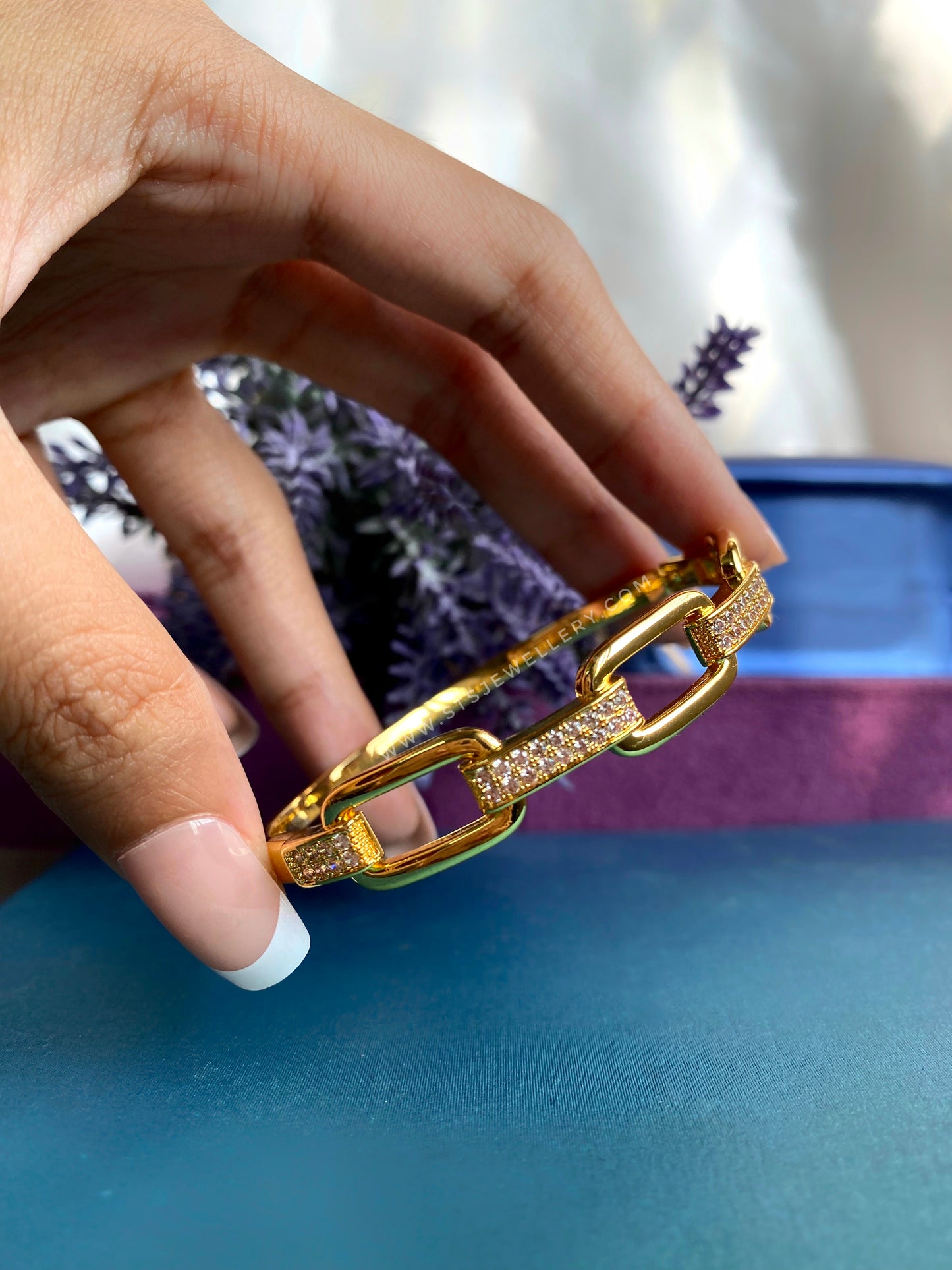 Elio Golden Bangle Bracelet With CZ Stones- Openable