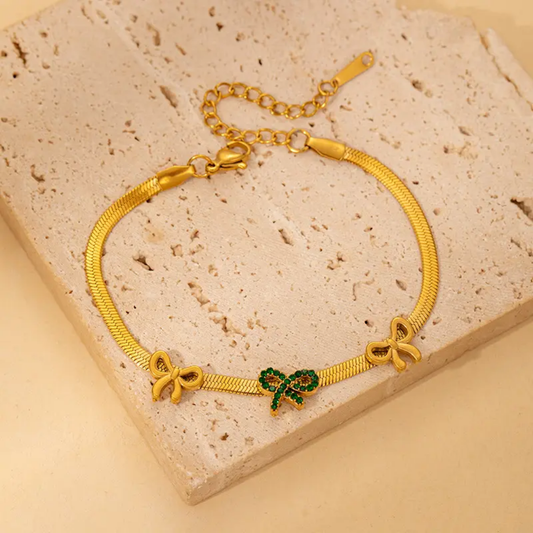 Triple Bow Charm Herringbone Chain Bracelet