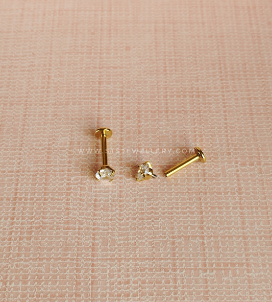 [Pair] Flatback Screw Lock Solitaire Stud Earrings 16G 8 mm Post