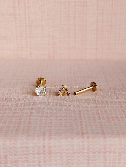 [Pair] Flatback Screw Lock Solitaire Stud Earrings 16G 8 mm Post