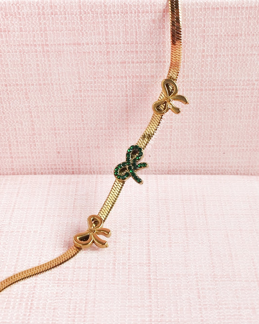 Triple Bow Charm Herringbone Chain Bracelet