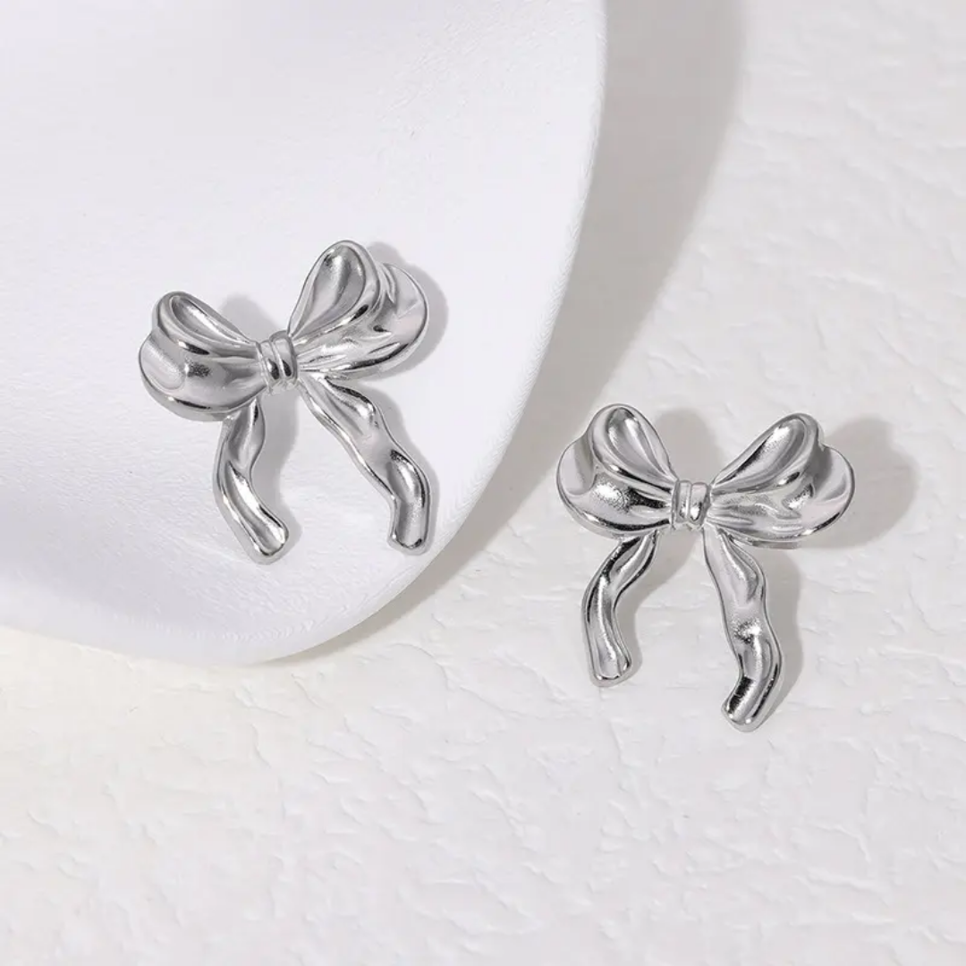 Ribbon Bow Shaped Earrings in Silver Colour