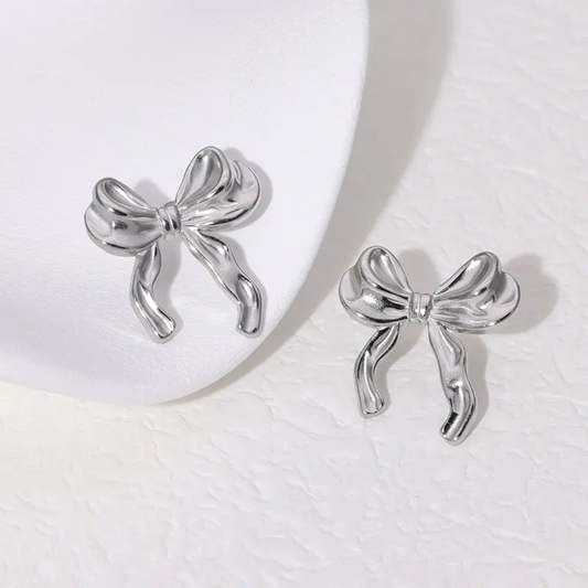 Ribbon Bow Shaped Earrings in Silver Colour